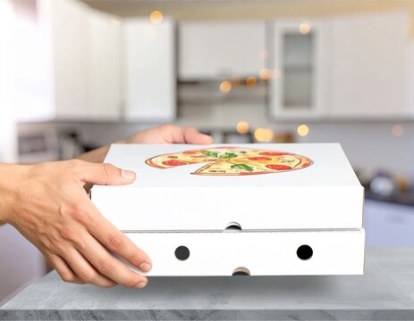 Person hands holding a stack of white pizza boxes with a pizza illustration on a kitchen background, food delivery, fast service, catering, dining