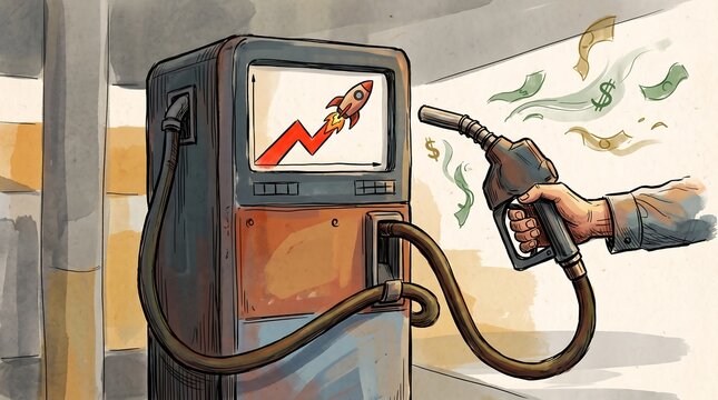Conceptual Illustration of Rising Gas Prices and Inflation Featuring a Fuel Pump and Rocket Growth Graph