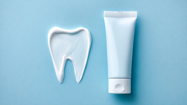 Toothpaste squeezed in the shape of a tooth next to a tube with oral care, toothpaste
