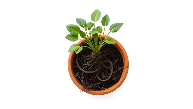constriction. A root-bound plant in a terracotta pot, roots circling inside, top-down view. gardening catalogs, home-decor guides, designed for gardening and botanical catalogs.