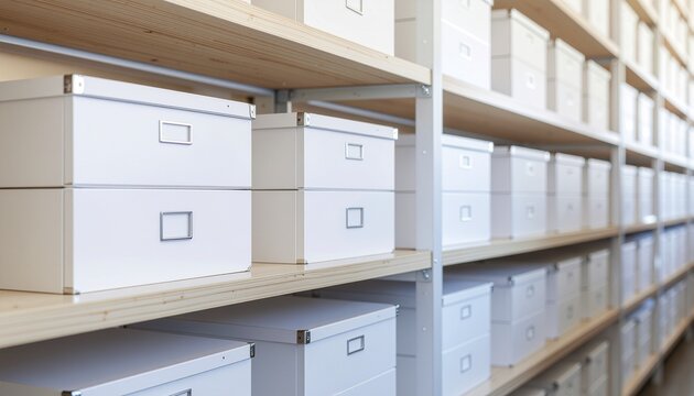 白いアーカイブボックスが整然と並ぶ文書保管棚のイメージ