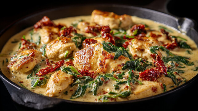 Creamy chicken dish with spinach and sun-dried tomatoes in a cast iron skillet