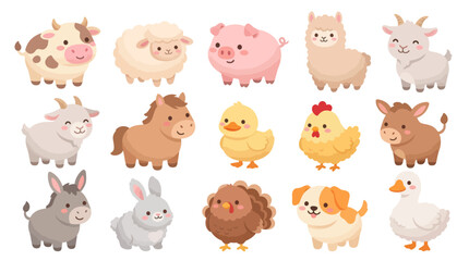 Obraz premium Cute Cartoon Farm Animals Vector Illustration Set