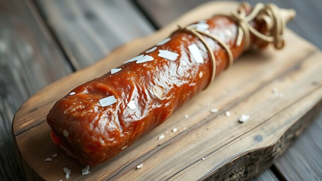 saucisson. Thick French saucisson on rustic board with white mold, tied with twine, artisanal feel. menu design, packaging mockups, designed for food delivery and cloud-kitchen brand materials.