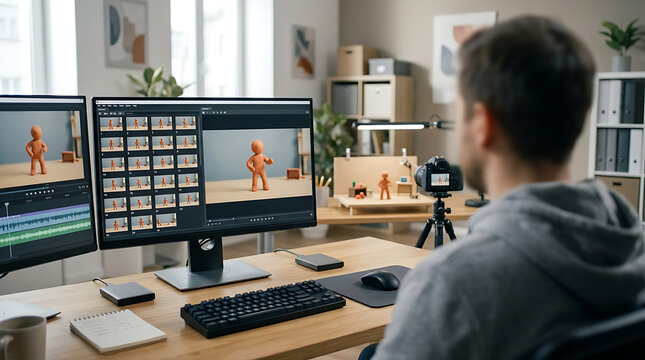 Man working on stop motion editing project at desk with computers and camera