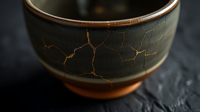 kintsugi. A repaired ceramic bowl using the kintsugi method, golden lacquer on cracks. event programs, museum guides, designed for cultural heritage projects and event programs, preserves heritage.