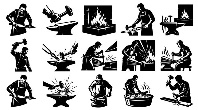 Blacksmith worker forging metal on anvil, Black and white vector illustration
