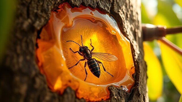 copal. Golden amber copal resin trapped in tree bark containing a preserved insect. gardening catalogs, home-decor guides, designed for home decor and floral branding, used by nutritionists.