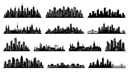 Obraz premium City Skyline Silhouettes Collection: Urban Architecture Monochrome Vector Glyphs Set