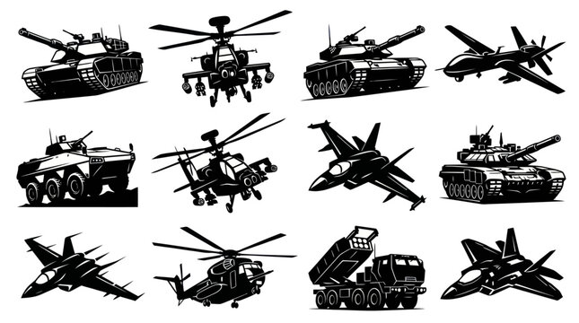 Military Vehicles and Aircraft Black Glyph Icons Set