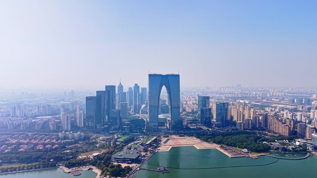 Aerial View of the Skyline of the Gate of the Orient and Jinji Lake, Suzhou, Jiangsu, China