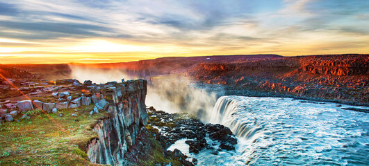 Beautiful landscape with most powerful waterfall in Europe Dettifoss in Vatnajokull National Park in Northeast Iceland. Exotic countries. Amazing places.