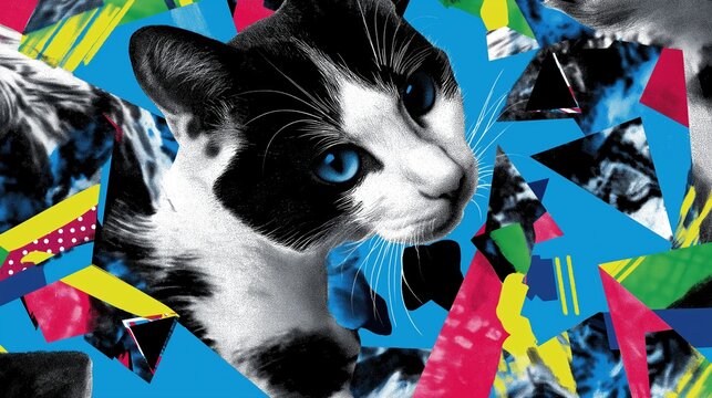 Pop art collage of a black and white cat. Stylized feline portrait with vibrant geometric shapes and blue background