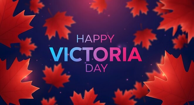 Happy victoria day greeting with maple leaves and glowing bokeh, canada day