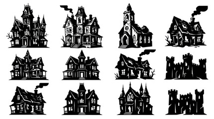 Fototapeta premium Spooky Halloween Houses and Castles Black and White Vector Graphics