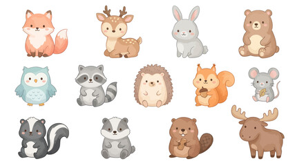 Obraz premium Cute Watercolor Forest Animals: Fox, Deer, Owl, Racoon, Bear
