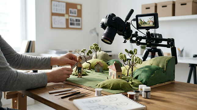 A person creates a stop motion animation scene with a camera and miniature set on a wooden table indoors.