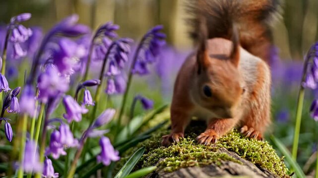 A cute red squirrel foraging among purple bluebell flowers in a sunny spring forest.
