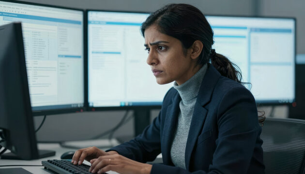 AI Researcher Analyzing Complex Data on Multiple High-Res Monitors