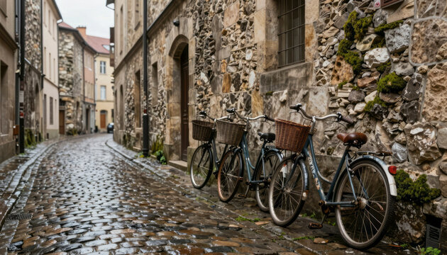 Narrow European Cobblestone Alley With Bicycles Against Stone Wall