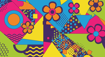 Fototapeta premium Vibrant Geometric Pattern with Retro Flowers and Abstract Shapes
