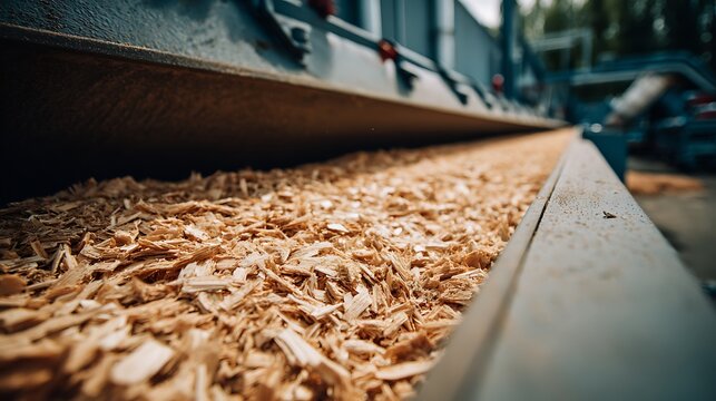 Industrial conveyor belt moving wood chips in a lumber mill.