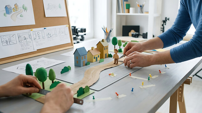 Two people create stop motion animation with miniature models on a tabletop