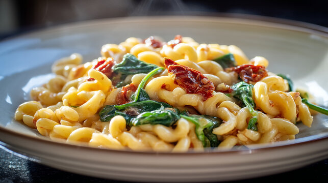 Close-up of tasty cavatappi pasta with spinach and sun-dried tomatoes, italian food