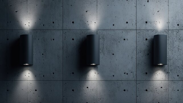 Three modern cylindrical exterior lights illuminate a textured concrete wall surface