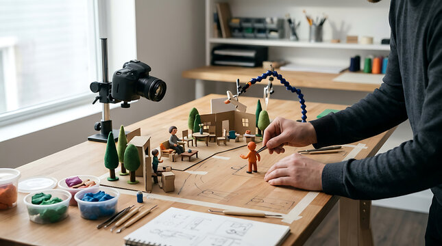A man creates a stop motion scene with miniature objects on a wooden table in a studio