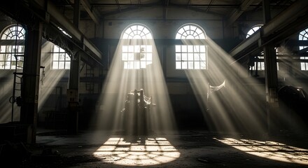 Fototapeta premium abandoned warehouse interior with sunbeams through arched windows