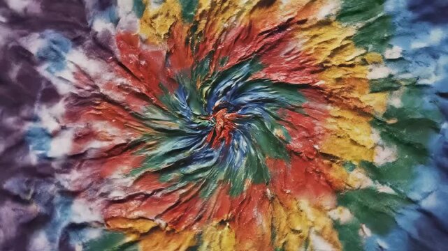 Vibrant abstract acrylic painting featuring a thick impasto spiral texture with bold colorful palette knife strokes.