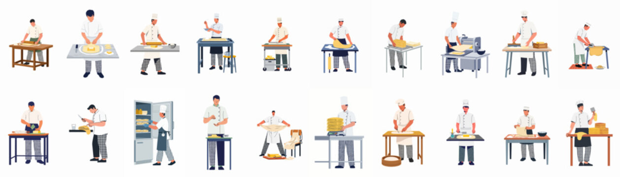 Set of illustrations featuring professional male bakers and chefs in uniform preparing, rolling, and cutting dough for bread and pasta on white background.