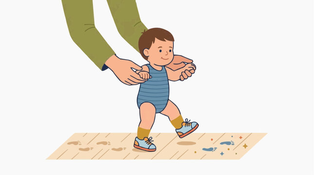 A precious moment unfolds as a baby takes its first steps with the tender guidance of a supporting figure, an illustration of early childhood milestones and parental support. 
