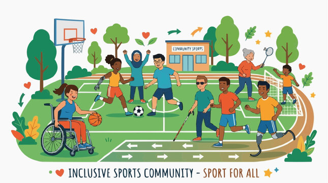 A vibrant illustration depicts an inclusive sports community, celebrating the spirit of 'Sport For All', with people of all abilities engaged in various athletic activities.