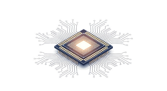 Isometric view of a centrally illuminated microchip with radial circuit traces extending outward against a clean white background, creating a sleek and modern technological presentation