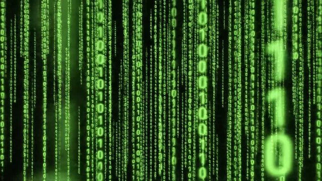 Green binary code strings falling on a dark background for technology and programming concepts