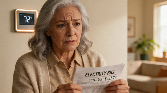 Concerned Senior Woman Reviewing Energy Bill by Smart Thermostat