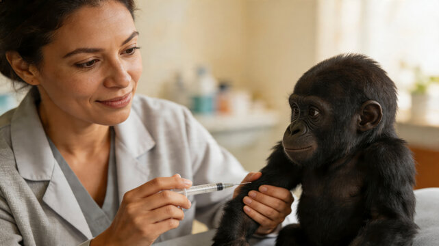 Zoo Veterinarian Examining Baby Gorilla with Syringe