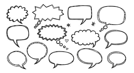 Fototapeta premium Hand-drawn speech bubbles collection, communication, dialogue, thoughts, ideas, chat symbols