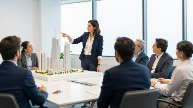 Female Architect Presenting Urban Development Model to Planning Committee
