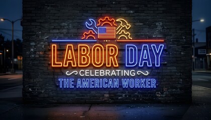 Naklejka premium Labor Day neon sign on brick wall celebrating American worker at night