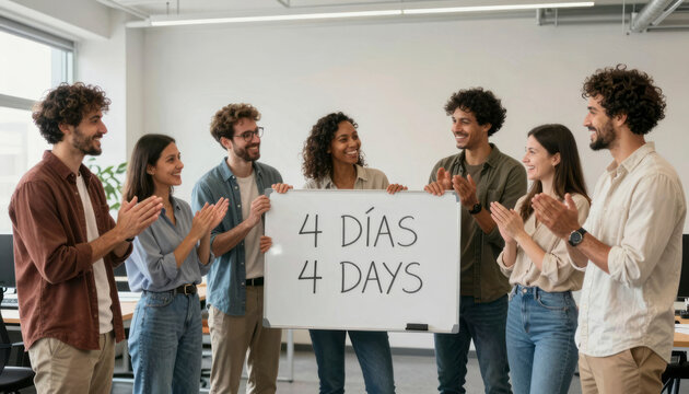 Team Celebrating Four-Day Work Week Announcement on Whiteboard