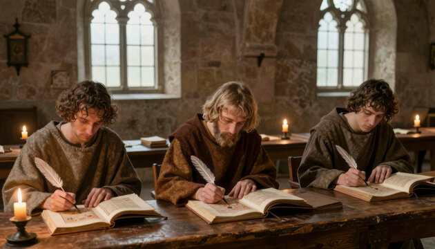 Medieval Monks Illuminating Manuscripts in Candlelit Scriptorium