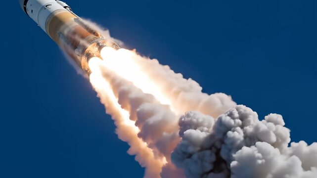 Space Rocket Launching into the Blue Sky with Bright Exhaust Plume