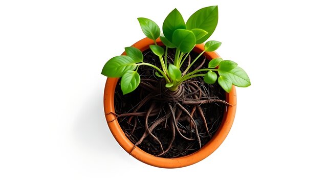 constriction. A root-bound plant in a terracotta pot, roots circling inside, top-down view. gardening catalogs, home-decor guides, designed for gardening and botanical catalogs.