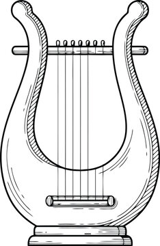 Antique lyre musical instrument with strings in a clean line drawing style for cultural or historical concepts
