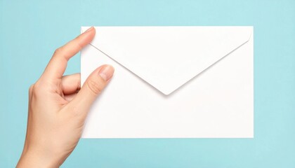 Fototapeta premium Hand holding white envelope against pastel blue background, correspondence and communication, delivery, mail service, message delivery