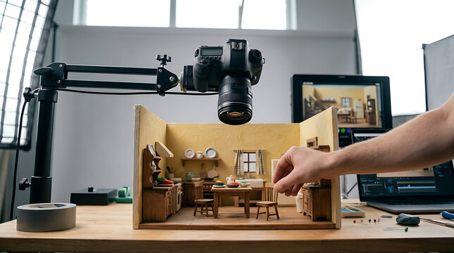 A hand interacts with a miniature indoor dollhouse setup for stop motion shooting on a table.
