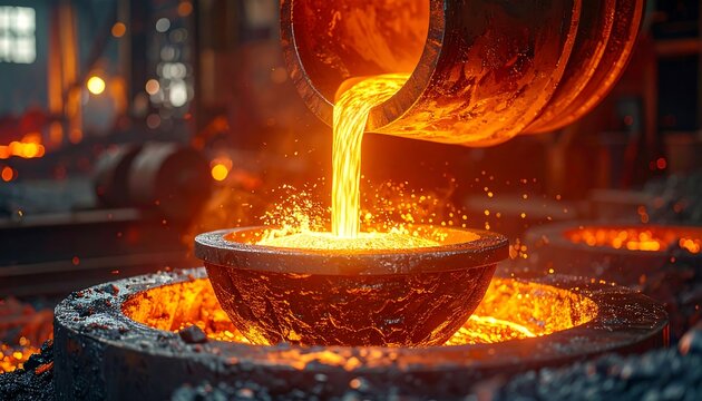 Molten metal pours from a large vessel into a crucible in a fiery foundry setting